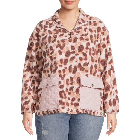 Como Vintage Half Zip Sherpa Athletic Sweater Leopard Print Brown Women's Large - Picture 1 of 10